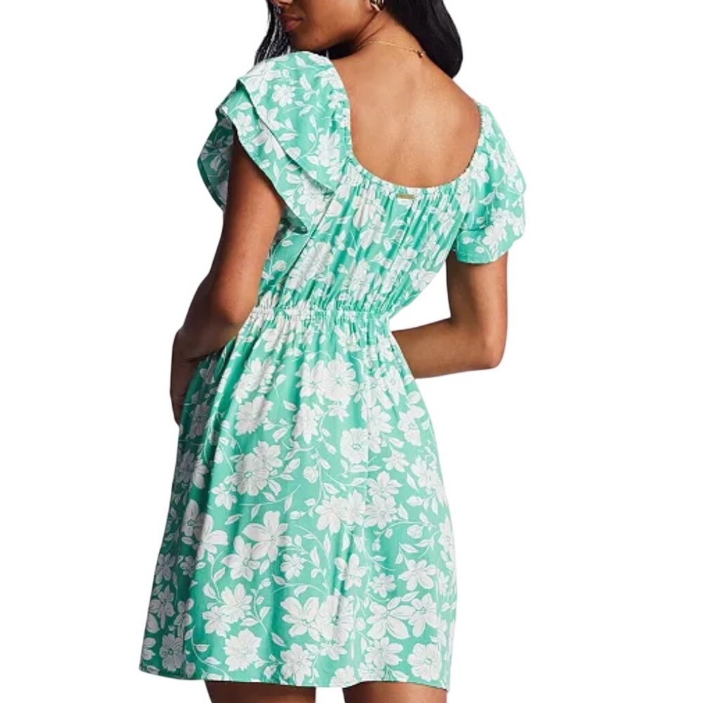 Billabong Enchant Me Floral Mini Dress Green Sweetheart Flutter Sleeve M NWT - Picture 2 of 14